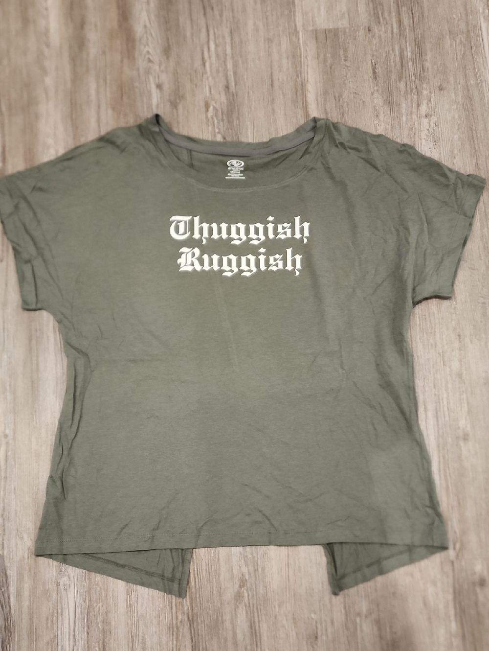 “Thuggish Ruggish” Graphic Tee | Olive Green Split Back Top | Street Aesthetic